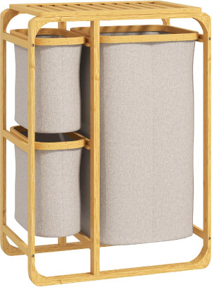 dechome 0cwj550 Cestino Portabiancheria In Bambù Con 3 Sacchi E Ripiani Estraibili In Tessuto 50x32x69.7 Cm Colore Bambù E Crema - 0cwj550