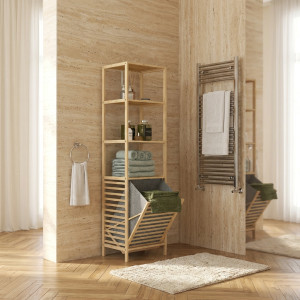 dechome 0ndw88f Colonna Bagno Con 3 Ripiani In Legno Di Bambù E Cesto Portabiancheria In Tessuto 44x33x160 Cm