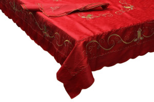 elite Mh05a2006-R - 180 / Rosso Tovaglia Natalizia Ricamata 8 Posti Per Tavolo Tondo Ø 180 Cm + 8 Tovaglioli Con Fantasia Jacquard Colore Rosso -
