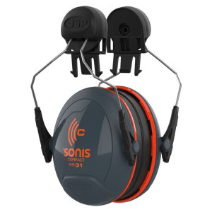 JSP Sonis Compact Helmet Mounted Cup/Ex-Vis Orange Plate Ear Defenders Dark Grey