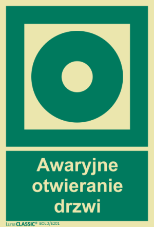 Znak AWARYJNE OTWIERANIE DRZWI (ideogram + podpis) Płyta 100×150mm