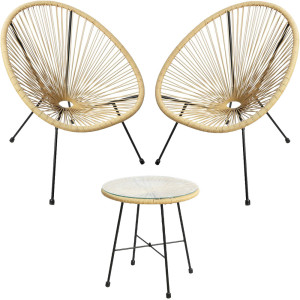 RayGar 3pcs Bistro Egg Designer String Chair Indoor & Garden Set - Natural