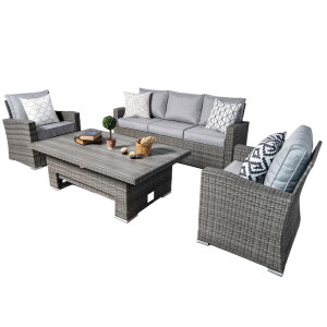 Vermont Luxury Grey Rattan Sofa Set with Adjustable Table – Outdoor Patio Furniture FREE Cushions + Cover