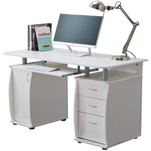 RayGar Deluxe Computer Desk With Cabinet and 3 Drawers - White