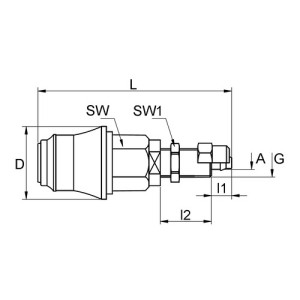 PVDF-Schnellverschlusskupplung, NW 5 mm - Schalttafel Anschluss: Rohr 6 mm / Ventil: mit / D: 25,5 mm / Länge: 68 mm / l1: 7 mm / l2: 18 mm / Schott