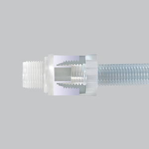 Wellrohr-Verschraubung aus PVDF Schlauch Innen-: 1/4" Zoll / Außengewinde: G 1/4" / D: 21 mm / l1: 12 mm / l2: 27 mm / SW: 19 mm / SW1: 17 mm / Ein