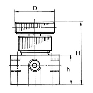 3-Wege-Hahn aus PTFE - L-Küken NW: 10 mm / Innengewinde: G 1/2" / D: 48 mm / h: 40 mm / H: 100 mm / l: 50 mm / L: 70 mm / Einheit: 1 Stück