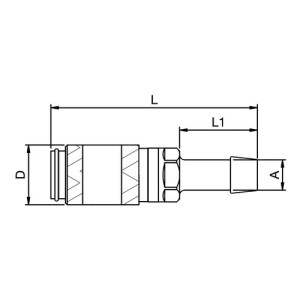 Schnellverschlusskupplung aus Messing-vernickelt, NW 2,7 mm - einseitig absperrend Anschluss: Tülle 3 mm / D: 10 mm / Länge: 35 mm / L1: 13 mm / Ein