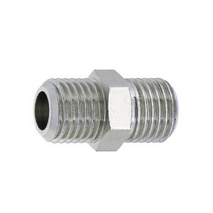 Doppelnippel aus Messing-vernickelt Außengewinde (A): R 1/8" / Außengewinde (B): R 1/4" / l1: 7,6 mm / l2: 11 mm / L: 23,6 mm / SW: 14 mm / Einheit: