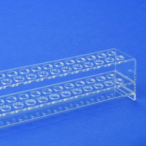 Reagenzglas-Gestell aus PMMA - für Reagenzgläser  18 mm Ausführung: 40 Bohrungen in 4 Reihen / -Gläser: 18 mm / Einheit: 1 Stück