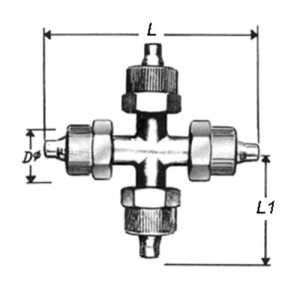 Kreuz-Verbinder aus Messing Schlauch Innen-: 4 mm / Schlauch Außen-: 6 mm / D: 11 mm / L: 50 mm / L1: 25 mm / Einheit: 5 Stück