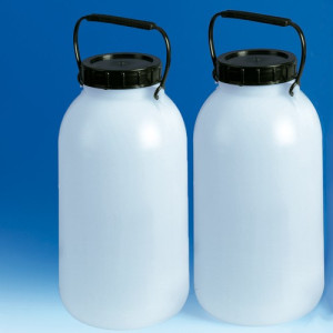 Lager-Weithalsflasche aus HDPE - ohne Hahn Inhalt: 5 l / Außen-: 165 mm / -Hals: 90 mm / Höhe: 315 mm / Tragegriff: 1 / Einheit: 1 Stück