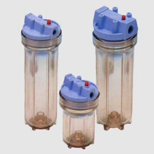 Filtergehäuse aus SAN Länge: 254 mm / max. Durchfluss Flüssigkeiten: 1.500 l/h / Innengewinde: R 3/4" / Abmessung xH: 132 x 320 mm / Gewicht: 1,2 k