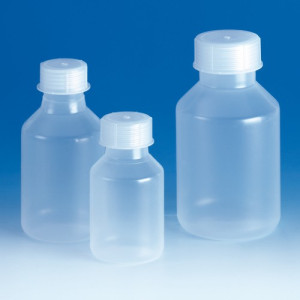 Weithals-Steilbrustflasche aus PP - mit Schraubverschluss Inhalt: 500 ml / Außen-: 87 mm / Höhe: 172 mm / Außengewinde: GL45 / Einheit: 5 Stück