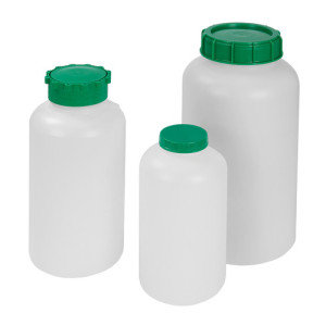 Weithals-Sicherheitsflasche aus HDPE Inhalt: 100 ml / Außen-: 47 mm / -Hals: 24 mm / Höhe: 85 mm / Einheit: 10 Stück