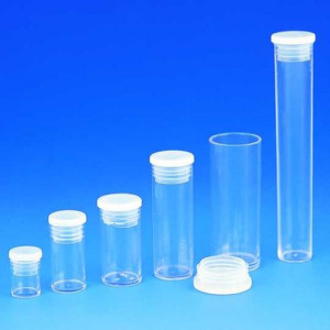 Versandröhrchen aus PS - mit Stopfen Inhalt: 16 ml / Außen-: 23 mm / Höhe: 60 mm / Einheit: 50 Stück