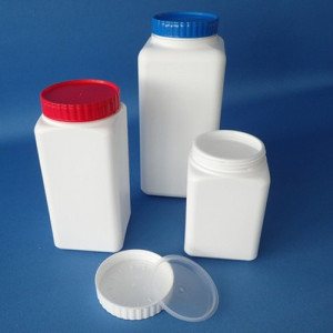Weithalsflasche aus HDPE - quadratisch Inhalt: 1.000 ml / Abmessung: 95 x 95 mm / -Hals: 77 mm / Höhe: 155 mm / Einheit: 5 Stück