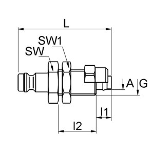 POM-Schnellverschluss-Stecker, NW 5 mm - Schalttafel Anschluss: Rohr 8 mm / Ventil: ohne / Länge: 44 mm / l1: 7 mm / l2: 18 mm / Schott-: 12 mm / S