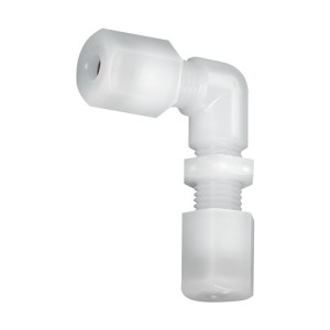 Winkel-Rohrverbinder aus PFA - Schott Rohr Außen-: 4 mm / D: 9 mm / D1: 13 mm / l: 9 mm / L1: 42 mm / L2: 26 mm / SW: 14 mm / Einheit: 1 Stück