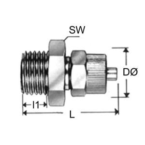 Gerader-Verbinder mit Außengewinde aus Messing Schlauch Innen-: 4 mm / Schlauch Außen-: 6 mm / Außengewinde: R 3/8" / D: 11 mm / l1: 9 mm / L: 29