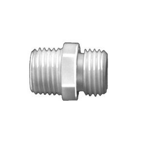 Doppelnippel aus POM oder PVDF Außengewinde (A): G 1/4" / Außengewinde (B): G 1/8" / NW: 4 mm / l1: 8 mm / l2: 7 mm / L: 19 mm / Werkstoff: POM / Ei