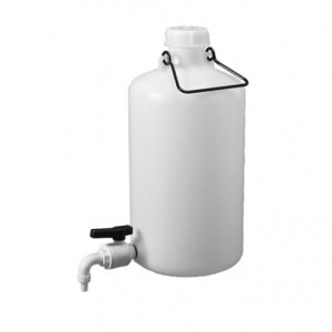Abfüllflasche (rund) aus HDPE - mit PP-Kugelhahn Inhalt: 5 l / Außen-: 167 mm / -Hals: 50 mm / Höhe: 330 mm / Tragegriff: 1 / Einheit: 1 Stück