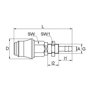PVDF-Schnellverschlusskupplung, NW 5 mm - Schalttafel Anschluss: Tülle 4 mm / Ventil: mit / D: 25,5 mm / Länge: 74 mm / l1: 17 mm / l2: 14 mm / Scho
