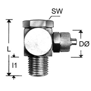 Winkel-Verbinder mit Außengewinde aus Messing Schlauch Innen-: 6 mm / Schlauch Außen-: 10 mm / Außengewinde: R 1/2" / D: 15 mm / l1: 10 mm / L: 44