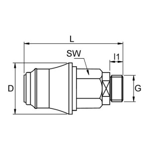 PVDF-Schnellverschlusskupplung, NW 5 mm Anschluss: A-Gewinde G 1/8" / Ventil: mit / D: 25,5 mm / Länge: 50 mm / l1: 7 mm / SW: 17 mm / Einheit: 1 St