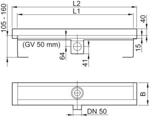 ACO Duschrinne ShowerDrain E DN 50 Aufkantung hinten u rechts 1200mm