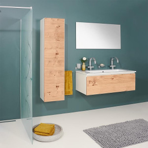 Badm&ouml;bel-Set ELA Korpus Wei&szlig; Front Eiche Furnier Hell 1210mm mit Hochschrank