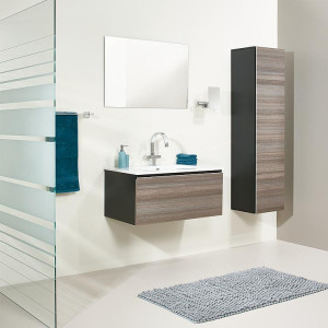 Badm&ouml;bel-Set ELA Korpus Schwarz Front Teak 910mm mit Hochschrank Anschlag rechts