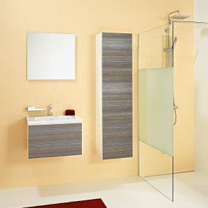Badm&ouml;bel-Set ELA Korpus Wei&szlig; Front Teak610mm mit Hochschrank Anschlag rechts