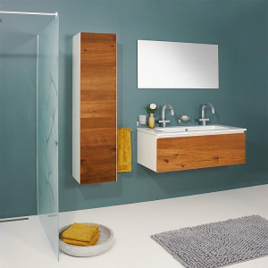Badm&ouml;bel-Set ELA Korpus Wei&szlig; Front Eiche Furnier Dunkel 1210mm mit Hochschrank