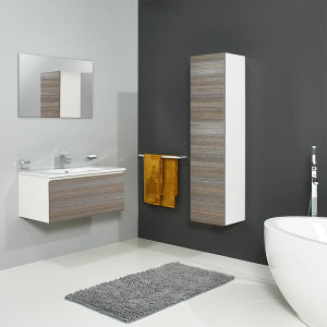 Badm&ouml;bel-Set ELA Korpus Wei&szlig; Front Teak910mm mit Hochschrank Anschlag rechts