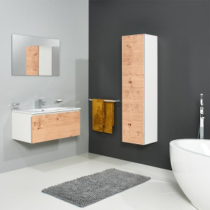 Badm&ouml;bel-Set ELA Korpus Wei&szlig; Front Eiche Furnier Hell 910mm mit Hochschrank