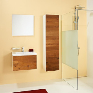 Badm&ouml;bel-Set ELA Korpus Wei&szlig; Front Eiche Furnier Dunkel 610mm mit Hochschrank