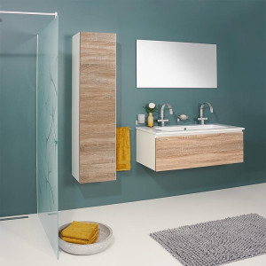 Badm&ouml;bel-Set ELA Korpus Wei&szlig; Front Eiche S&auml;gerau 1210mm mit Hochschrank
