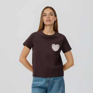 Reserved - Hímzett applikált T-shirt - sötétbarna - 198HT-89X