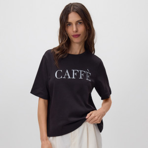 Reserved - Hímzett feliratú T-shirt - sötétbarna - 458GA-89X
