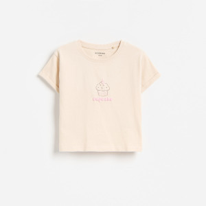T-shirt z nadrukiem na plecach - 98 (2-3 lata) - beżowy - dziewczynki - Reserved - 004KE-08X