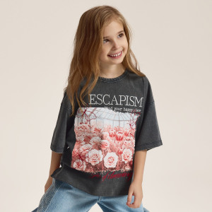 T-shirt z nadrukiem - 134 (8 lat) - ciemnoszary - dziewczynki - Reserved - 005HU-90X