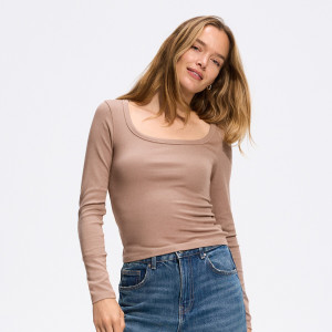 Gładki longsleeve z bawełną - S - brązowy - damska - Reserved - 006KF-84X
