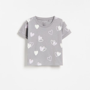 Bawełniany t-shirt we wzory - 110 (4-5 lat) - ciemnoszary - dziewczynki - Reserved - 008KE-90X