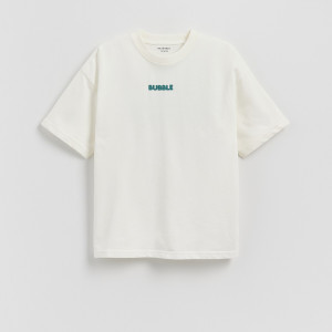 Bawełniany t-shirt z nadrukiem - 146/152 (10-11 lat) - złamana biel - chłopcy - Reserved - 009FH-01X