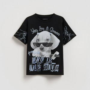 T-shirt z nadrukiem - 122 (6-7 lat) - czarny - dziewczynki - Reserved - 025HU-99X