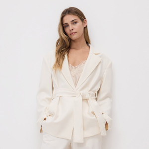 Marynarka oversize z paskiem - L - złamana biel - damska - Reserved - 060JL-01X