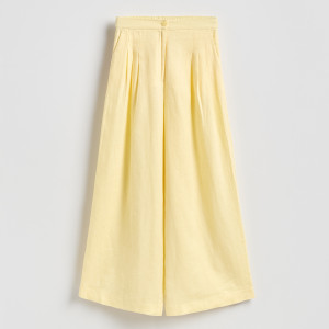 Lniane spodnie z zakładkami - L - jasnożółty - damska - Reserved - 066JL-10X