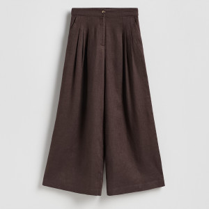 Lniane spodnie z zakładkami - L - ciemnobrązowy - damska - Reserved - 066JL-89X