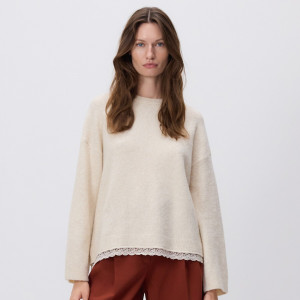 Sweter z koronkowym wykończeniem - XL - beżowy - damska - Reserved - 069GH-08M
